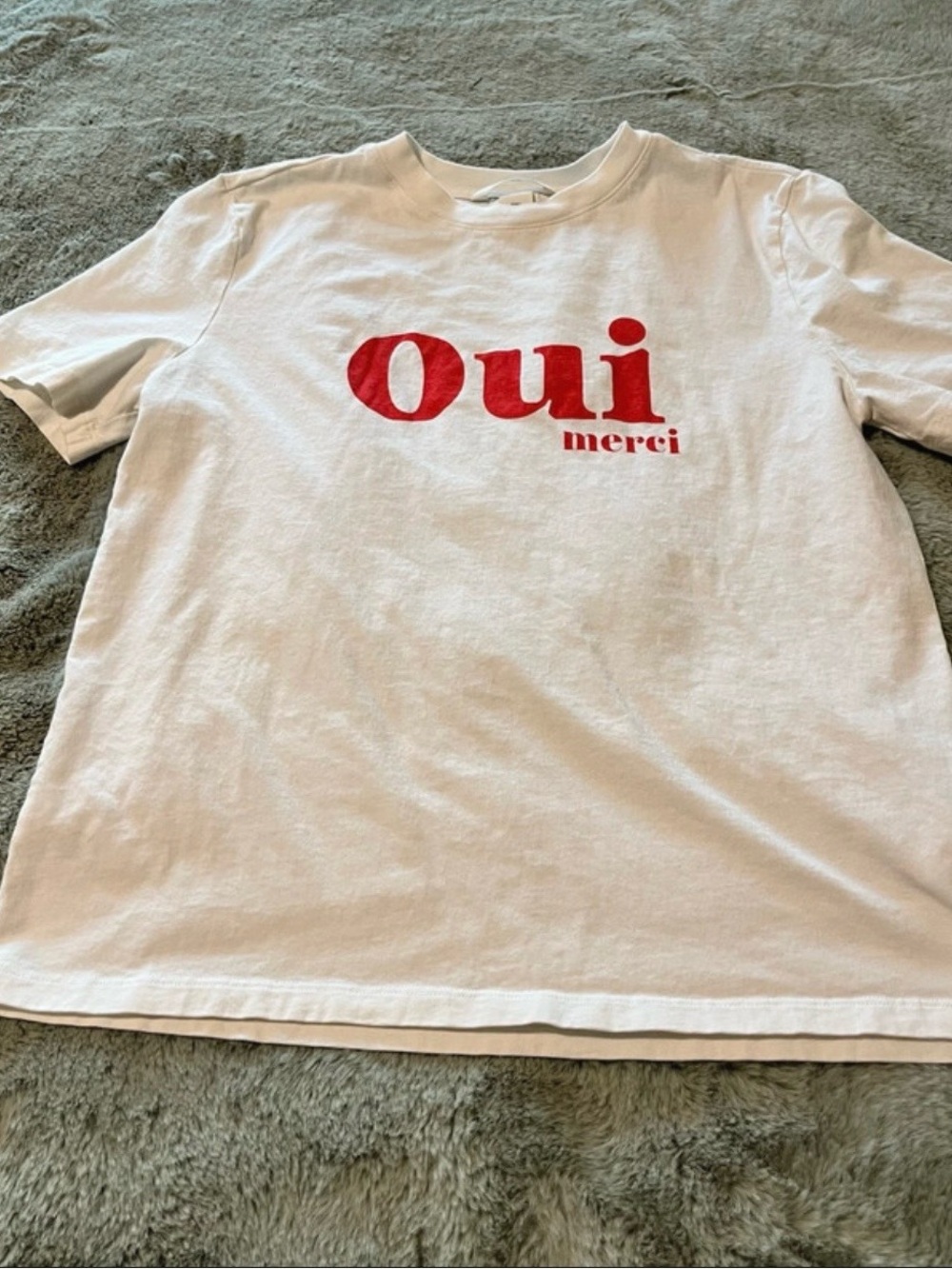 H&M White 'Oui merci' Graphic Tee with Red Print